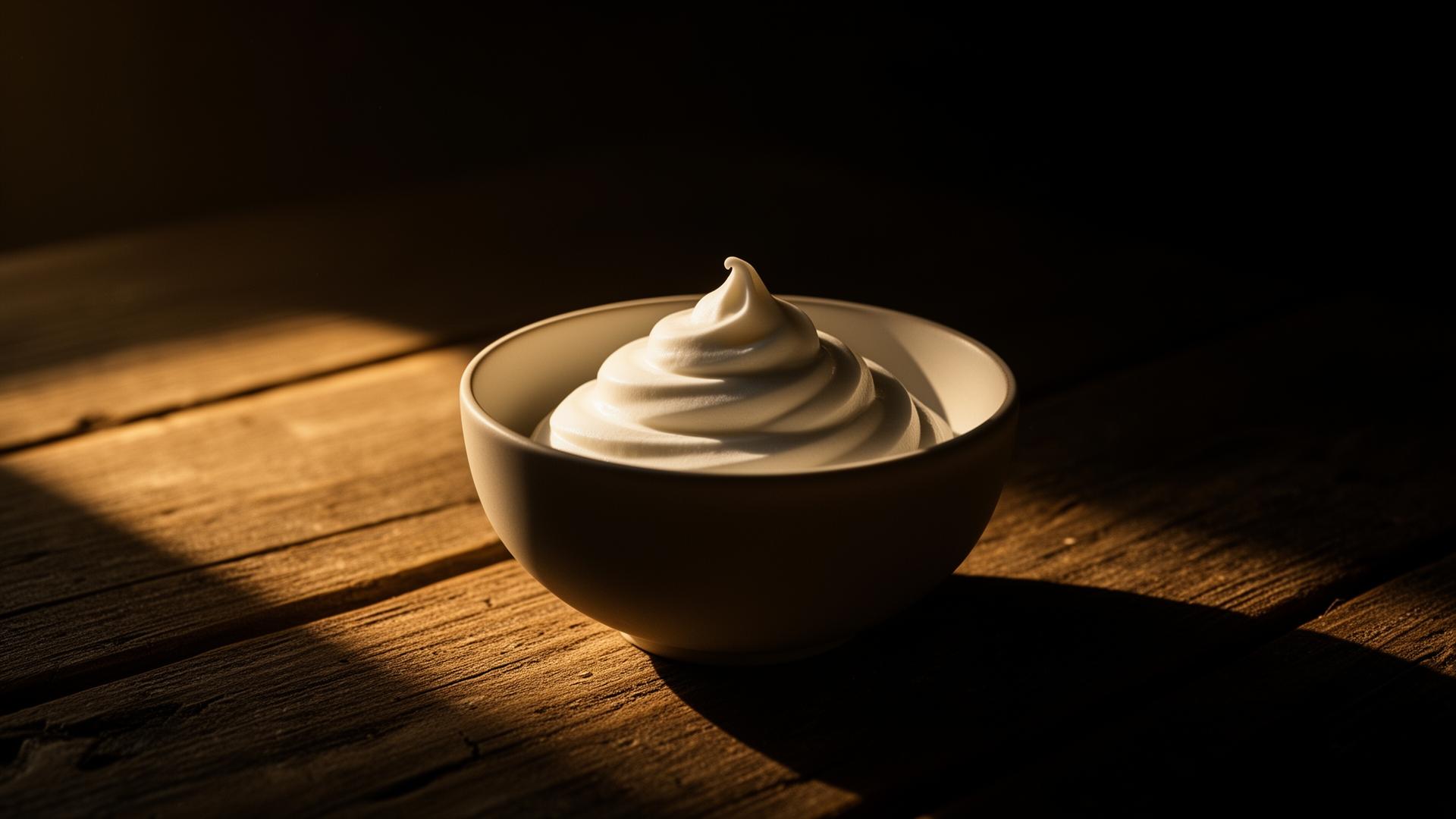 Un cuenco de yogurt griego iluminado por la luz dorada